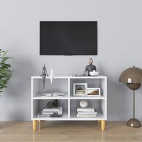  TV Cabinet with Solid Wood Legs High Gloss White 69.5x30x50 cm