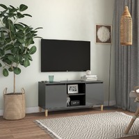  TV Cabinet &amp; Solid Wood Legs High Gloss Grey 103.5x35x50 cm