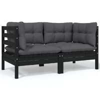  2-Seater Garden Sofa with Cushions Black Solid Pinewood
