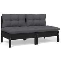 2-Seater Garden Sofa with Cushions Black Solid Pinewood