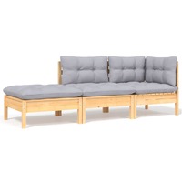  3 Piece Garden Lounge Set with Grey Cushions Solid Pinewood