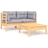  3 Piece Garden Lounge Set with Grey Cushions Solid Pinewood