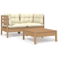  3 Piece Garden Lounge Set with Cream Cushions Solid Pinewood