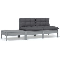  3 Piece Garden Lounge Set with Cushions Grey Solid Pinewood