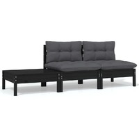  3 Piece Garden Lounge Set with Cushions Black Solid Pinewood