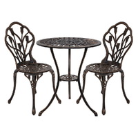 Gardeon 3PC Outdoor Setting Bistro Set Chairs Table Cast Aluminum Patio Furniture Tulip Bronze
