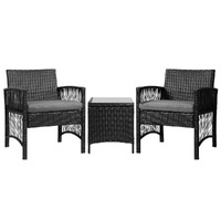 Gardeon 3PC Outdoor Bistro Set Patio Furniture Wicker Dining Chairs Table Cushion Black