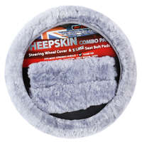 Sheepskin Steering Wheel Cover &amp; Seat Belt Pads Combo Luxury - Grey