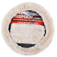 Sheepskin Steering Wheel Cover &amp; Seat Belt Pads Combo Luxury - Mocha