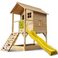 ROVO KIDS Wooden Tower Cubby House with Slide, Sandpit, Climbing Wall, Noughts &amp; Crosses, Natural Colour