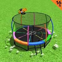 Kahuna 16ft Outdoor Trampoline Kids Children With Safety Enclosure Pad Mat Ladder Basketball Hoop Set - Rainbow