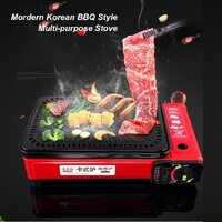 Portable Gas Stove Burner Butane BBQ Camping Gas Cooker With Non Stick Plate Red with Fish Pan and Lid