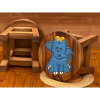 Children&#39;s Wooden Stool Blue Baby ELEPHANT Themed Chair Toddlers Step sitting Stool