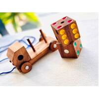 Toy wooden pull along pretend play toy truck with dice set