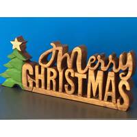 Wooden carved Merry Christmas decoration 38 cm long with Tree and Star