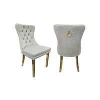 Set of 2 -Alsea Beige Velvet &amp; Gold Polished Steel Dining Chairs Upholstered Tufted Stud Trim and Ring