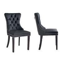 Set of 2 - Alsea Black Velvet &amp; Black Rubberwood Dining Chairs Upholstered Tufted Stud Trim and Ring