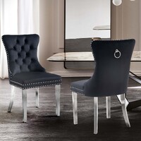 Set of 2 -Alsea Black Velvet &amp;  Silver Steel Dining Chairs Upholstered Tufted Stud Trim and Ring