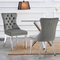 Set of 2 -Alsea Dark Grey Velvet &amp; Silver Steel Dining Chairs Upholstered Tufted Stud Trim and Ring
