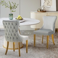 Set of 2 - Paris Light Grey Velvet  &amp; Gold Polished Steel Upholstered Dining Chairs Tufted Back