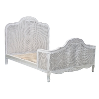 Alice Queen Size Bed Frame Rattan Timber Wood Mattress Base Distressed White