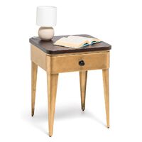 Modern Bedside Table in Brass Finish with Storage Drawer and Wood Top