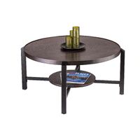 Black Round Coffee Table with Storage Shelf in Copper Finish Top