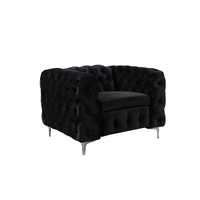 Single Seater Black Sofa Classic Armchair Button Tufted in Velvet Fabric with Metal Legs