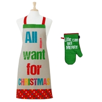Ladelle Set of 2 All I want Christmas Oven Mitt &amp; Apron Kitchen Set