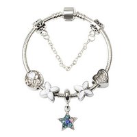 Women Silver Plated Bracelet Snake Chain with Classic Bead Barrel Clasp and Blue Star Pendant(20cm)