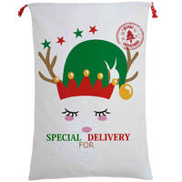 50x70cm Canvas Hessian Christmas Santa Sack Xmas Stocking Reindeer Kids Gift Bag, Cream - Cute Reindeer Delivery