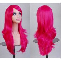 70cm Wavy Curly Sleek Full Hair Lady Wigs w Side Bangs Cosplay Costume Womens, Hot Pink