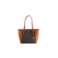 Michael Kors Women&#39;s Charlotte Signature Leather Large Top Zip Tote Handbag Bag (Brown) - One Size