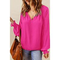Azura Exchange Pleated V Neck Puffy Sleeve Blouse - XL