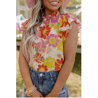 Azura Exchange Floral Flutter Sleeves Stand Collar Top - M