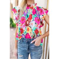 Azura Exchange Abstract Floral Print Frilled Neck Pleated Blouse - XL