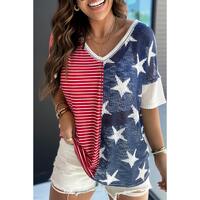 Azura Exchange Striped Star Print Knit Short Sleeve Top - M