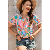 Azura Exchange Abstract Geometry Print Frilled V Neck Blouse - M