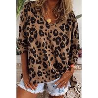 Azura Exchange Leopard Print V Neck Long Sleeve Top - XL