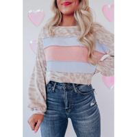 Azura Exchange Contrast Stripes Patchwork Puff Sleeve Knit Top - L