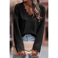 Azura Exchange Ribbed Texture Lace Trim V Neck Long Sleeve Top - L