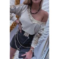 Azura Exchange Sequin Patchwork V Neck Long Sleeve Top - L