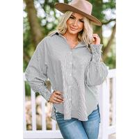 Azura Exchange Striped Boyfriend Shirt with Smocked Cuffs and Pocket - S