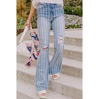 Azura Exchange Vertical Striped Ripped Flare Jeans - 8 US