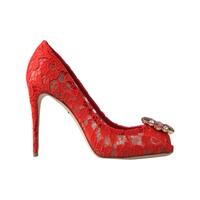 Dolce &amp; Gabbana Women&#39;s Red Taormina Lace Crystal Heels Pumps Shoes - 37.5 EU