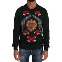 Dolce &amp; Gabbana Green Cotton Crystal Heart Roses Embroidered Pullover Sweater 48 IT Men