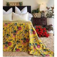 Mustard Peony Kantha Bedspread Coverlet - Mustard (King - 228 cm x 274 cm)
