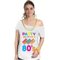 Party Like It&#39;s The 80s Womens T Shirt Costume Ladies 1980s Fancy Dress Up Top - White