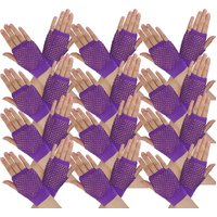 12 Pair Fishnet Gloves Fingerless Wrist Length 70s 80s Costume Party - Purple