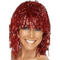 Tinsel Metallic Wig 70s 50s 20s Costume Mens Womens Unisex Disco Fancy Dress Up - Red